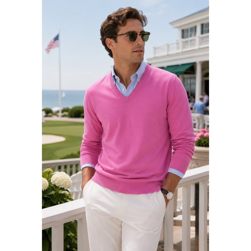 Zara Men Pink Pima Cotton V Neck Sweater Coastal Prep Country Club Palm Beach L